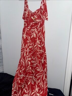 Sleeveless Red Maxi Dress with Cream Botanical Print